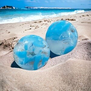 Hand crafted clear, blue & white fused glass pierced “button” earrings